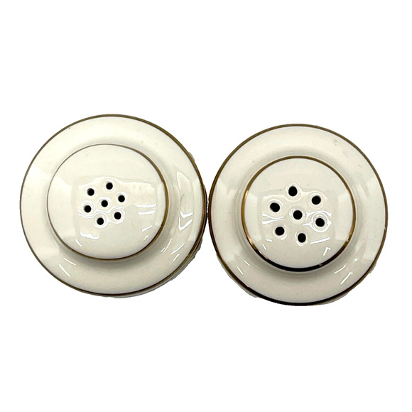 Salt and Pepper Shaker Set Creamy White w/ Gold Trim Kitchen Cookware 3.5" Tall - Picture 5 of 9